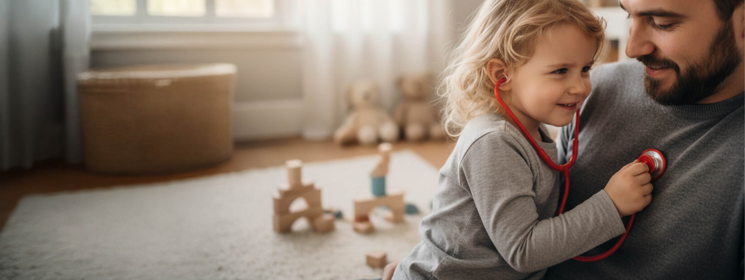 Photo of child with stethoscope on father’s chest