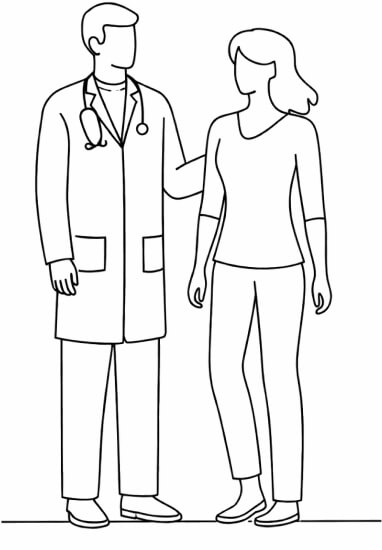Line drawing of doctor with patient
