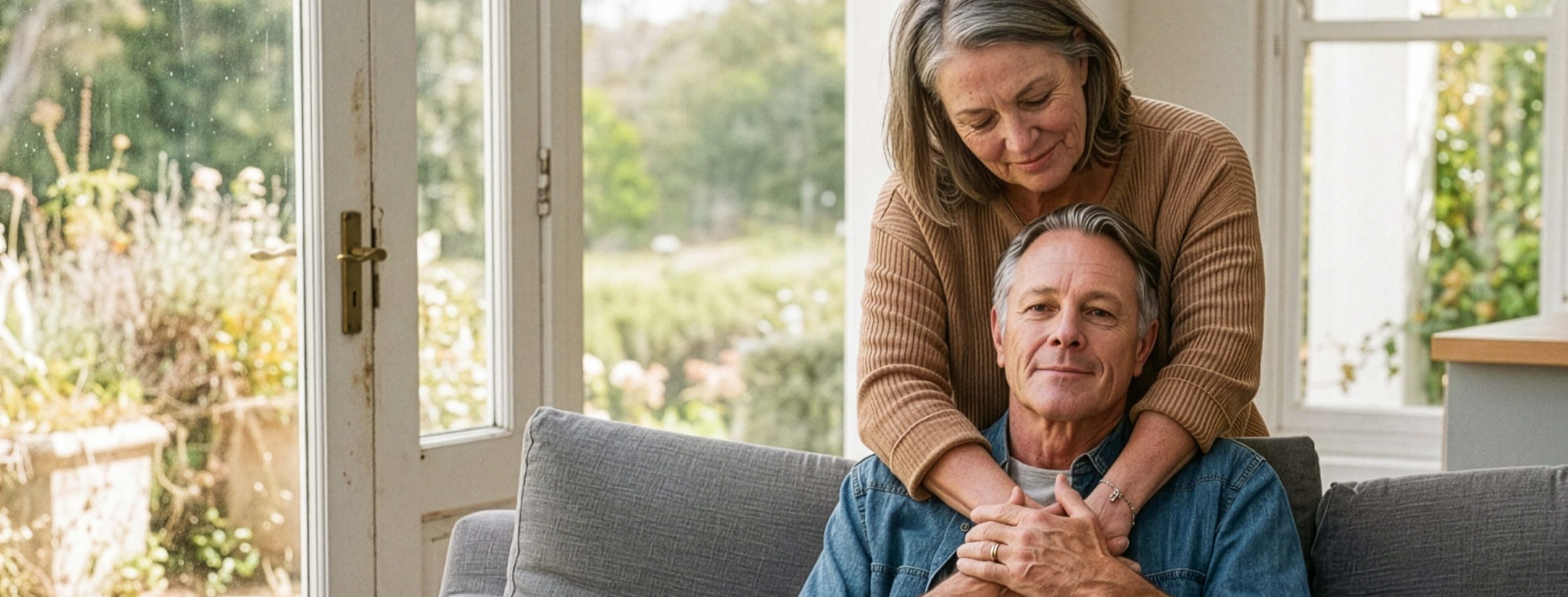 Photo of man with woman standing behind him, embracing him with her arms around his shoulders
