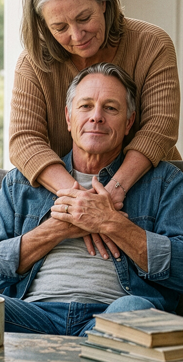 Photo of man with woman standing behind him, embracing him with her arms around his shoulders